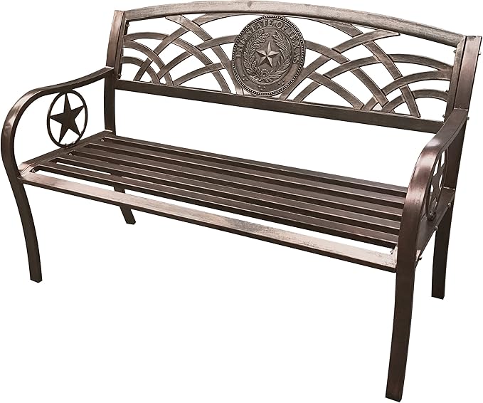 Leigh Country Texas State Seal Metal Bench, Outdoor Decorative Patio Seating for Porch/Deck