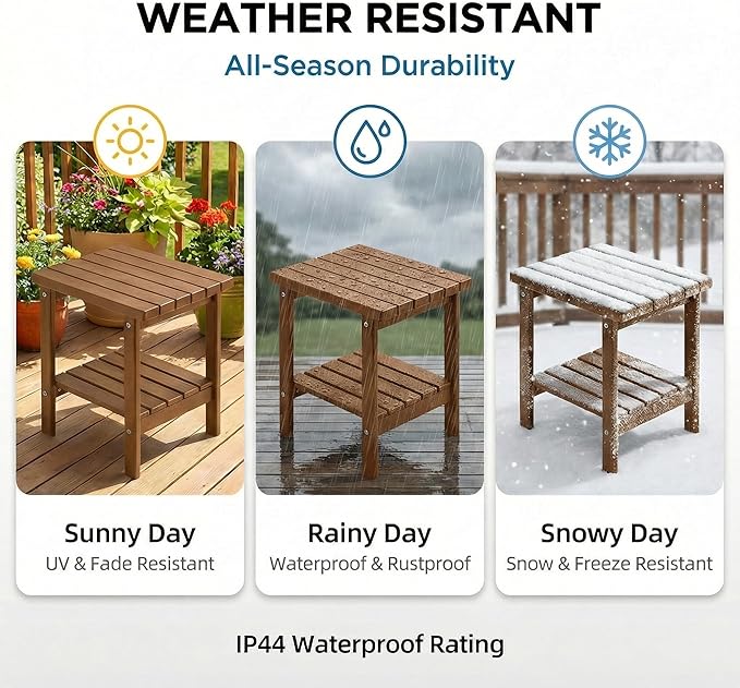 PASAMIC 2-Tier Adirondack Square Outdoor Side Table, HDPE Small Outdoor Table, Patio End Table for Patio, Pool, Backyard, Weather-Resistant (Brown)