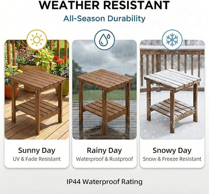 PASAMIC 2-Tier Adirondack Square Outdoor Side Table, HDPE Small Outdoor Table, Patio End Table for Patio, Pool, Backyard, Weather-Resistant (Brown)