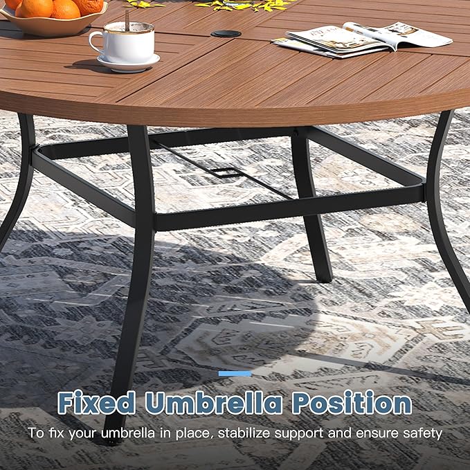 DIFY 53.1" Round Outdoor Patio Dining Table for 6-8, All-Weather Metal Steel Slatted Patio Table with 1.57" Adjustable Umbrella Hole, for Lawn Garden Porch Backyard, Walnut