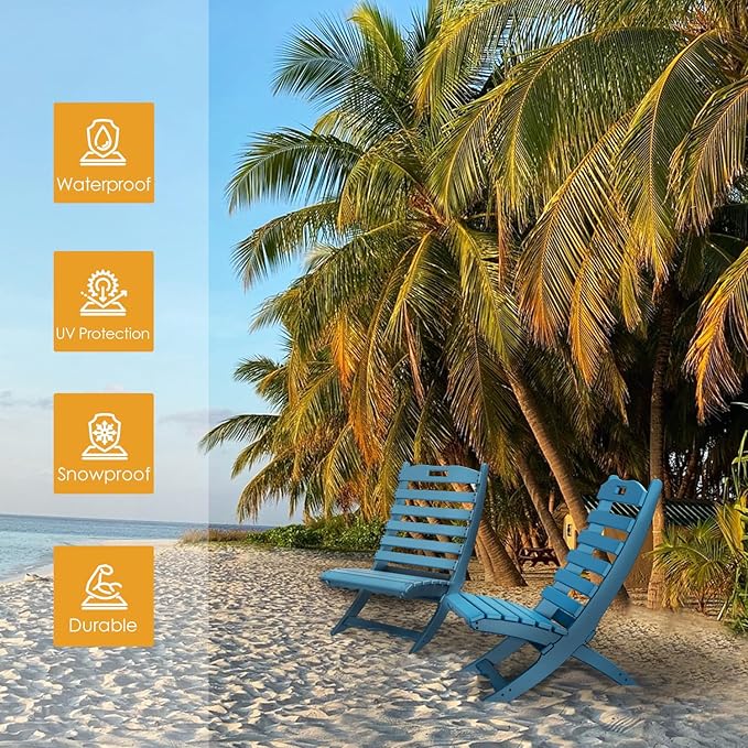 IVY&LANE Portable Xavier-Chairs Set of 2 | Folding-Adirondack-Chair | Wave | HDPE Plastic | Blue | All-Weather Resistant | for Outdoor Fire-Pit Patio Lawn Beach Poolside