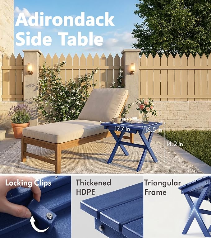 PASAMIC Folding Outdoor Side Table, Small Outdoor Table, Portable, No Assembly, Weather-Resistant HDPE End Table for Camping, RV, Poolside, Garden (Navy)