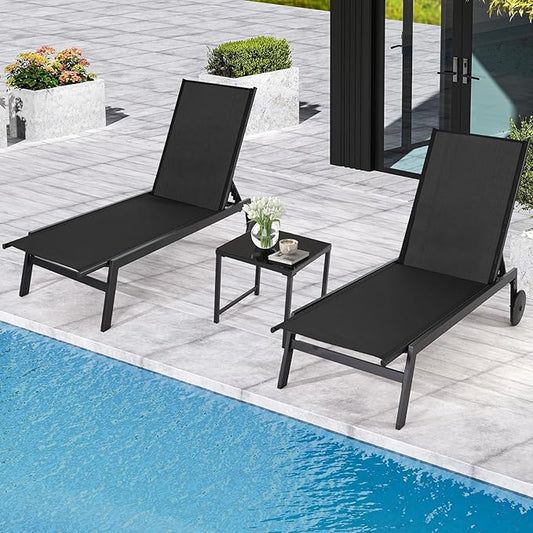 EROMMY Patio Chaise Lounge Chair Set of 2 with Table, Adjustable Backrest & Wheels, Waterproof Outdoor Poolside Recliners for Garden, Deck, Lawn, Backyard