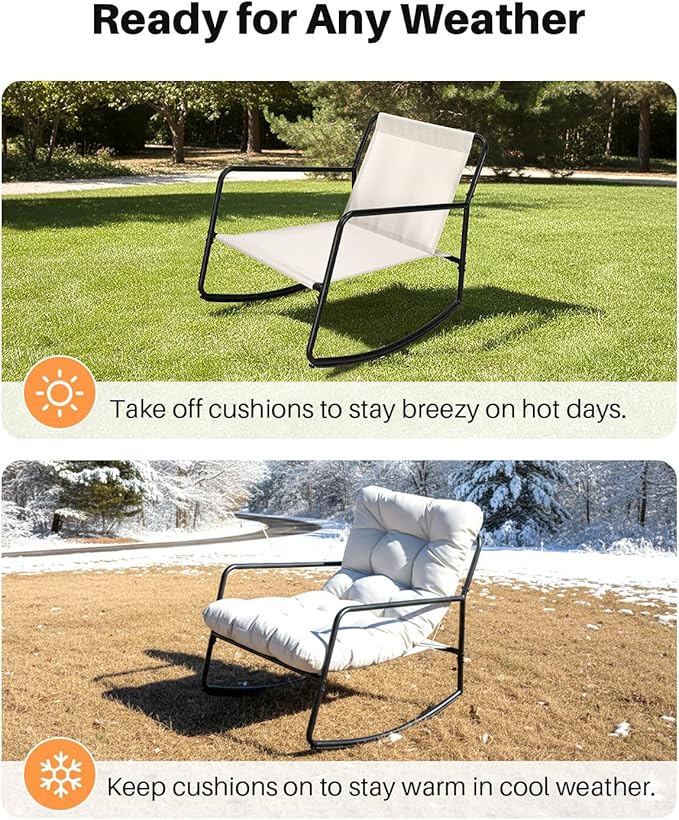 Outdoor Rocking Chair Set, 2-Piece Metal Patio Bistro Set with Patio Rocker Chair and Round Side Table, Outdoor Papasan Chair with Padded Cushion for Garden, Apartment, Indoor, Off-White
