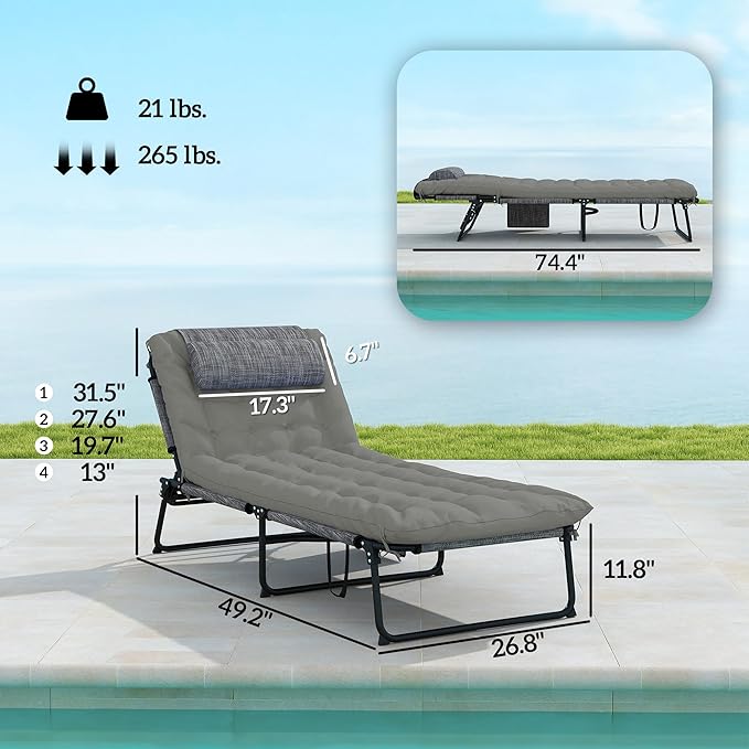 Outsunny Folding Chaise Lounge with 4-Level Reclining Back, Outdoor Tanning Chair with Cushion, Outdoor Lounge Chair with Breathable Mesh Fabric, Side Pocket, Headrest, Gray