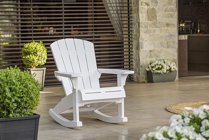 Keter Adirondack Rocker Resin Outdoor Furniture Patio Chair -Perfect for Porch, Pool, and Fire Pit Seating, White