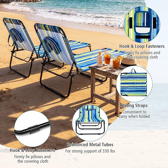 Tangkula Beach Lounge Chair, Folding Sunbathing Recliner with Face Hole, Face Down Tanning Chair with 4-Level Adjustable Backrest & 3 Removable Pillows, Chaise Lounge Chair for Patio (2, Stripe)