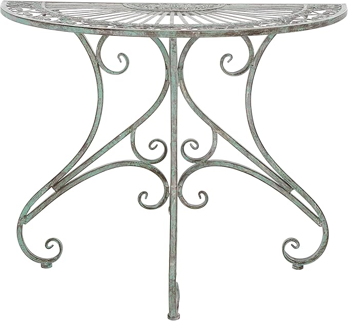 SAFAVIEH Outdoor Collection Annalist Victorian Scroll Antique Dark Green Wrought Iron Half Moon Accent Table