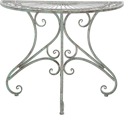 SAFAVIEH Outdoor Collection Annalist Victorian Scroll Antique Dark Green Wrought Iron Half Moon Accent Table