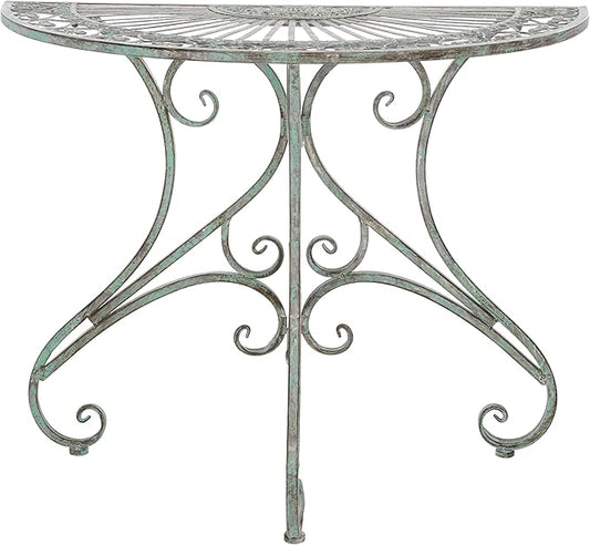 SAFAVIEH Outdoor Collection Annalist Victorian Scroll Antique Dark Green Wrought Iron Half Moon Accent Table