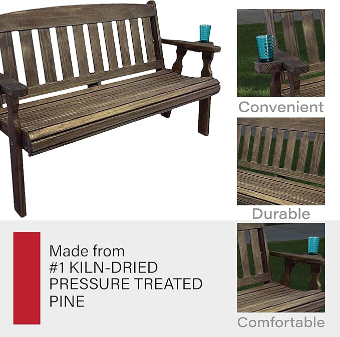 Amish Casual Heavy Duty 800 Lb Mission Pressure Treated Garden Bench with Cupholders (5 Foot, Dark Walnut Stain)