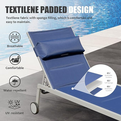 Domi Outdoor Patio Chaise Lounge Set of 3, Aluminum Pool Lounge Chairs with Side Table and Wheels, Textilene Padded Adjustable Recliner All Weather for Poolside, Beach, Yard, Balcony (Navy Blue)