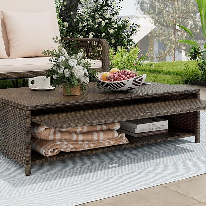 LDAILY Moccha Outdoor Daybed, PE Rattan Double Chaise Lounge w/ 4-Level Adjustable Back, Storage Ottoman, Cushions & Pillows, Separated Seating, Wicker Sunbed for Garden Patio Furniture Set (Beige)
