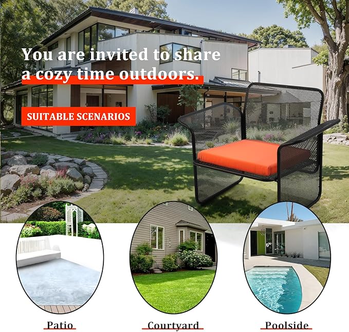 LOKKHAN Modern Outdoor Loveseat Mesh Bench Black Metal Frame with Orange Water-Resistant Cushion, 27.6H x 24.6W x 23.9D Inches, Contemporary Minimalist Patio Lounge Chair, Single Seat