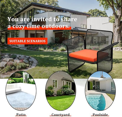 LOKKHAN Modern Outdoor Loveseat Mesh Bench Black Metal Frame with Orange Water-Resistant Cushion, 27.6H x 24.6W x 23.9D Inches, Contemporary Minimalist Patio Lounge Chair, Single Seat