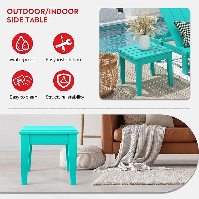 Costaelm Small Outdoor Side Table, Patio End Table Weather Resistant Outdoor Coffee Table, Square Conversation Table for Indoor, Porch, Balcony, Garden, Poolside, Deck, Turquoise