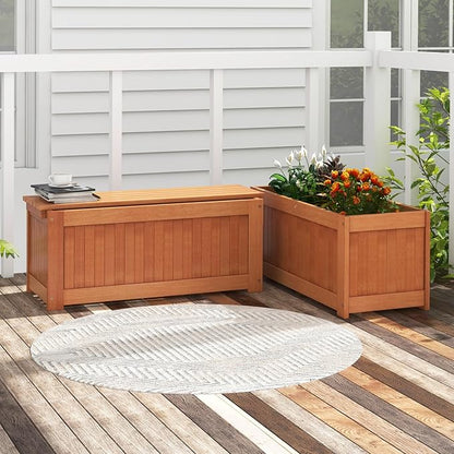 2 Pcs Raised Garden Bed with Bench, 2 in 1 Wooden Outdoor Planter Bench w/Removable Top, Open Base & 45 Gallon Large Capacity, Rectangular Planter Box for Flowers Herbs, Patio Yard Balcony