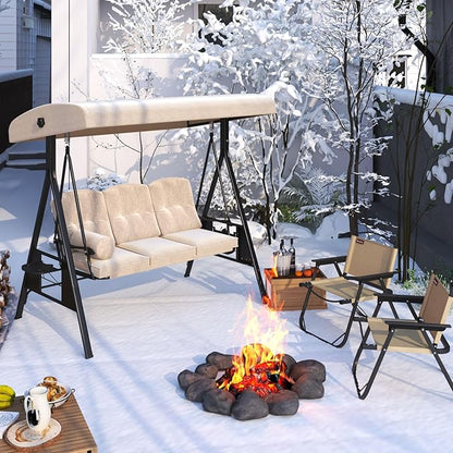 AECOJOY Outdoor Porch Swing, 3-Seat Porch Swing with Adjustable Canopy, Outdoor Swings for Adult with Beige Removable Cushions for Backyard, Garden, Yard, Poolside, Balcony