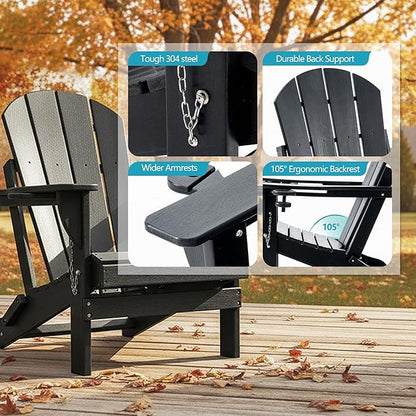 Folding Outdoor Adirondack Chairs Set of 1 with High&Reclining Back-HDPE Weather Resistant Patio Chairs with Cup and Phone Holder for Patio,Fire Pit, Garden and Backyard