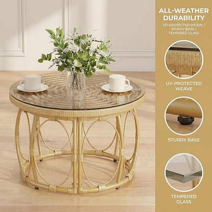 Rattan Glass Coffee Table 27" Round Patio Side Table, 16" Height Wicker Outdoor Coffee Table with Tempered Glass Top, Small Round Table for Balcony, Living Room, or Garden, Natural