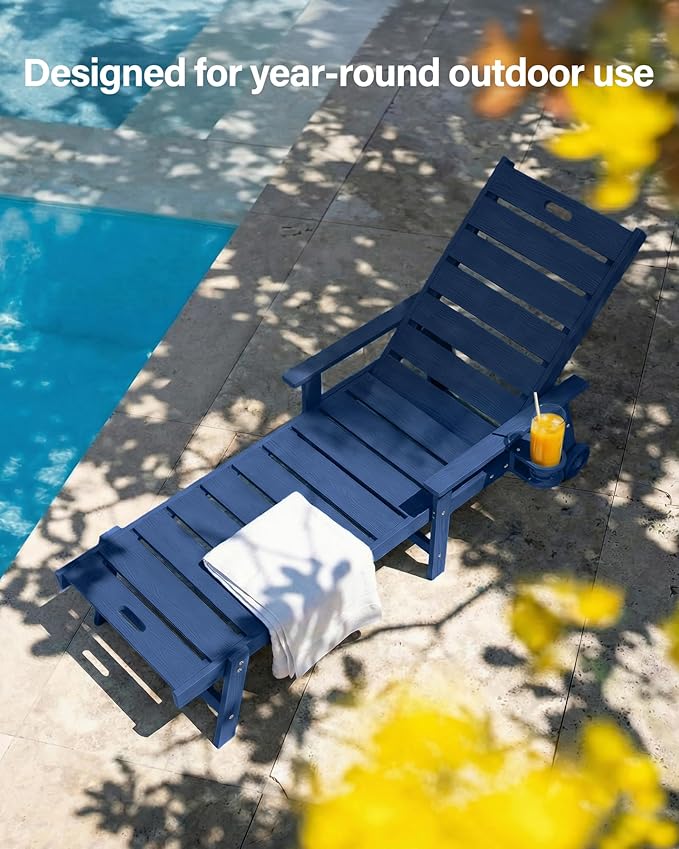 YEFU Lounge Chair Outdoor Set of 4: Outdoor Chaise Lounge with 5-Level Adjustable Backrest, Cup Holders & Wheels, All-Weather Resistance Chaise Lounge for Outside/Patio/Beach/Deck, Navy Blue