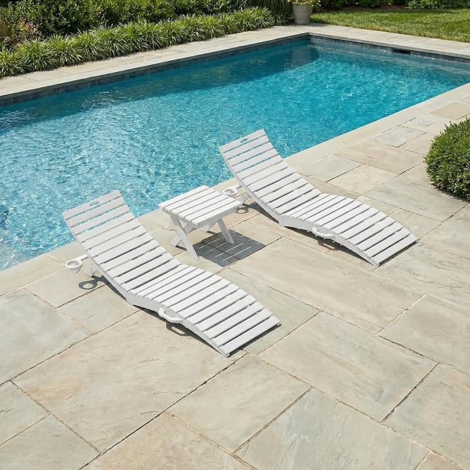 in-Pool Lounge Chairs Set of 2, Folding HDPE Pool Chairs Anti-Floating No Sandbags with Cup Holder & Handles, Outdoor Chaise Lounge for Poolside, Patio & Sun Deck(White)