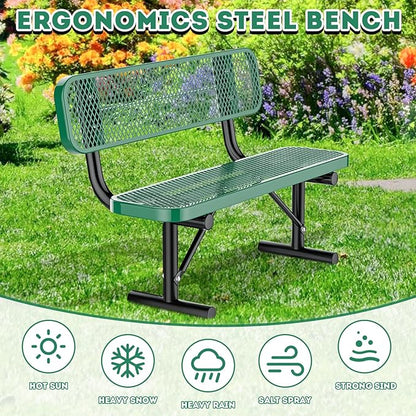 4 Feet Heavy Duty Park Bench with Back Portable Frame, Outdoor Steel Bench with Backrest, Expanded Metal Mesh Bench for Lawn, Park, Deck, Garden, Patio, Porch, Green