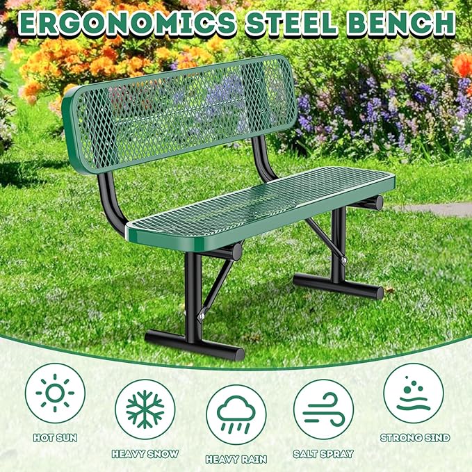 Thermoplastic Coated Iron Park Bench for Outside, Heavy Duty Metal Garden Bench, Expanded Commercial Grade Seating for Shopping Malls, Lawn Yard Porch Entryway (Green with Backrest, 48IN)