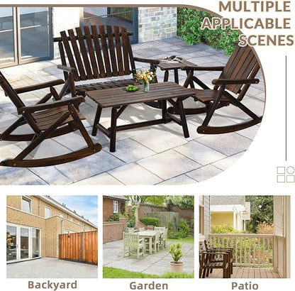 5-Piece Outdoor Wood Rocking Bistro Set, Rustic Wooden Conversation Set Including 2-Seater Loveseat, 2 Coffee Table, 2 Log Rocker Chair, Patio Furniture Chair Set for Lawn Yard, Carbonized