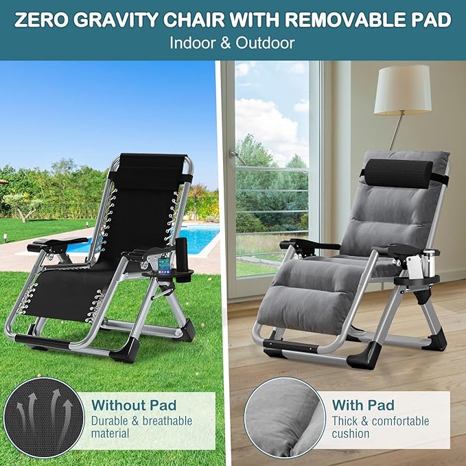 NAIZEA Padded Zero Gravity Chair, Folding Outdoor Lounge Chairs, Adjustable Reclining Camping Chairs with Cup Holder - Photo 5