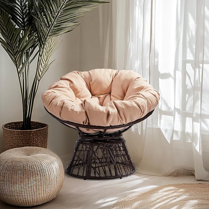 VINGLI Outdoor Papasan Chairs with Thick Cushions 360 Degree Swivel Chair, Patio Chairs Lounge Chair Rading Chair for Balcony, Yard, Porch (Brown)