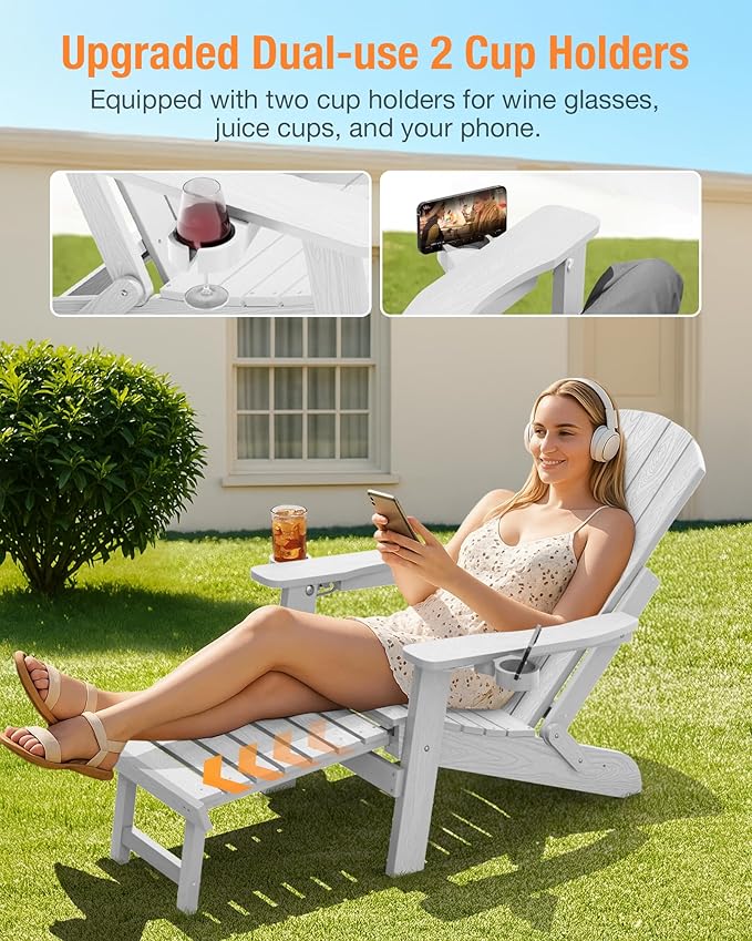 YEFU Folding Adirondack Chair with Footrest,Adjustable Adirondack Chair with Retractable Ottoman & 2 Cup Holder, 5-Level Adjustable Adirondacks Chairs, for Outdoor, Pool, Patio, Fire Pit (White)