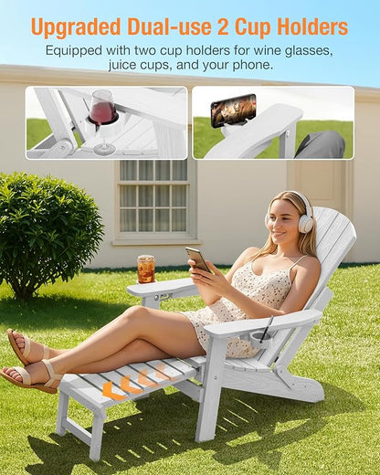 YEFU Adjustable Adirondack Chair with Footrest Set of 4, 5-Level Adjustable Adirondack Chair with Retractable Ottoman& 2 Cup Holder, Folding Adirondacks Chairs Use for Outdoor, Pool, Fire Pit (White)