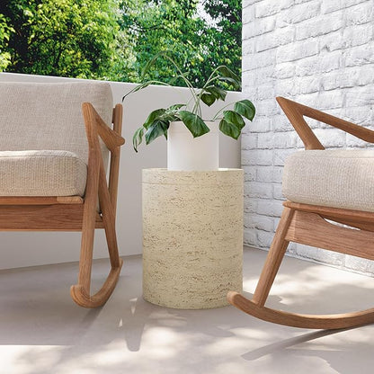 COSIEST Outdoor Side Table, Cylinder Shaped MgO Patio End Table, Lightweight Accent Table with Tray Top, Round Plant Stand Tool for Garden and Deck, Beige