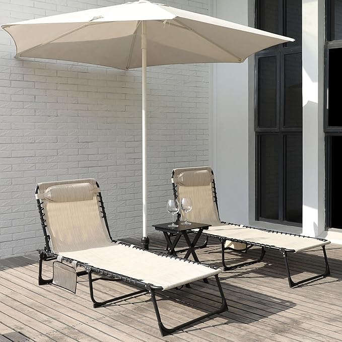 2 Pack Outdoor Foldable Chaise Lounge Chair with Detachable Pillow & Pocket - Photo 2