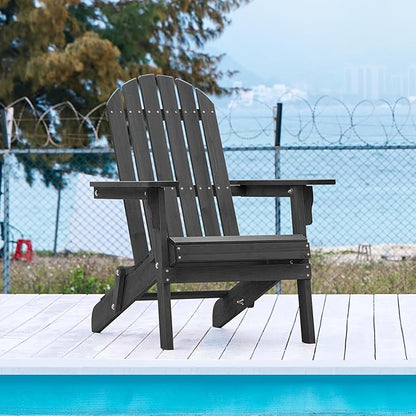 Yaheetech Folding Adirondack Chair Set of 1 Outdoor, 300LBS Solid Wood Garden Chair Weather Resistant, Fire Pit Lounge Chairs for Garden/Yard/Patio/Lawn, Black