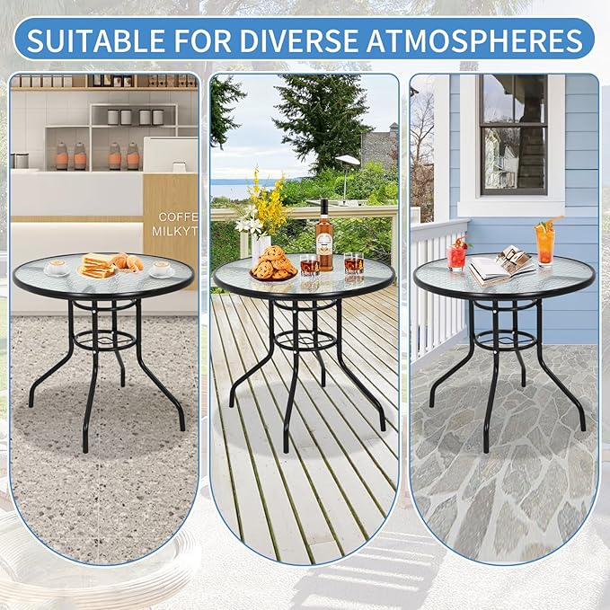 BSTOPHKL 32" Outdoor Patio Table with Umbrella Hole Round Outdoor Coffee Table Tempered Glass Top, All Weather Dining Table Bistro Table Suitable for Backyards, Balconies, Gardens and Lawns (Round)