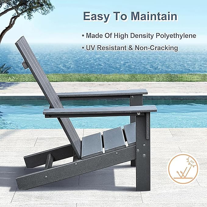 Modern Adirondack Chair with Cup Holder,All-Weather Plastic Patio Firepit Chair for Outdoor, Patio, Garden, Beach (Grey)