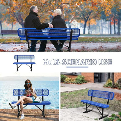 Outdoor Garden Bench, Cast Iron Metal Frame Patio Park Bench with Backrest, Portable Expanded Metal Black Bench, Commercial-Grade Outdoor Seating for Lawn, Patio, Park, Yard, Garden (Blue, 4FT/48'')