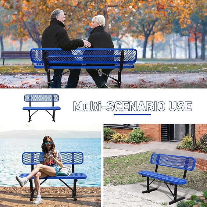 Heavy Duty Park Bench with Back Portable Frame, Outdoor Metal Park Bench with Backrest, Steel Mesh Outdoor Bench for Garden, Lawn, Patio, Porch, Park, Yard (Blue, 48" D x 23.2" W x 32.5" H)