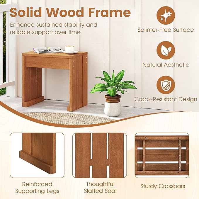 Tangkula Small Wood Outdoor Bench Set of 2, Patio Backless Bench with Solid Wooden Frame, Compact Side Table & Plant Stand with 242 LBS Weight Capacity, Bench for Backyard, Porch, Entryway, Garden