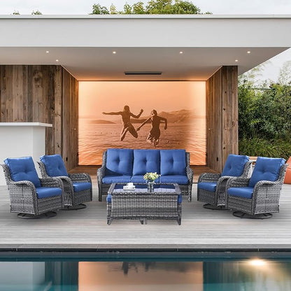 Belord Wicker Patio Furniture Sets - 8 Piece Outdoor Furniture Rattan Conversation Sets with 4 Swivel Rocker Chairs, Rattan Sofa, Wicker Ottomans and Coffee Table, Mixed Grey/Blue