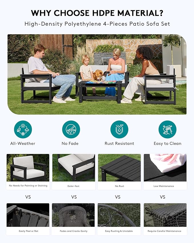 SERWALL 2 Pieces Single Cushioned Sofa Armchair, Black HDPE Adirondack Outdoor Sofa Lounge with Khaki Cushion - Photo 3