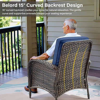 Belord Patio Club Chair Wicker Chairs - Outdoor High Back Chair Set of 2 Patio Furniture Set Rattan Seating with Removable Cushions for Porch Balcony Deck Pool Brown/Blue
