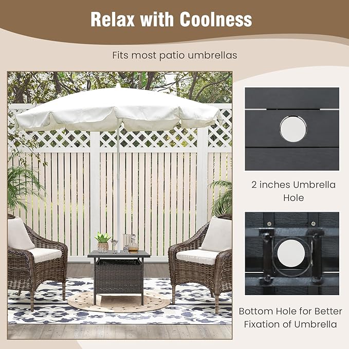 Tangkula Outdoor Wicker Table, Rattan Coffee Table with Umbrella Insert Hole, HDPE Tabletop & Sturdy Metal Frame, Patio Umbrella Side Table Stand for Backyard, Garden, Poolside (Mix Brown)