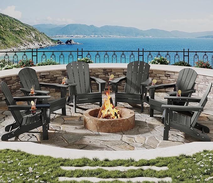 Garvee Folding Adirondack Chair Set of 2, HDPE Outdoor Patio Chair with Cup Holder, All Weather Resistent Wooden Textured for patios, Decks, Gardens, fire Pit, Grey