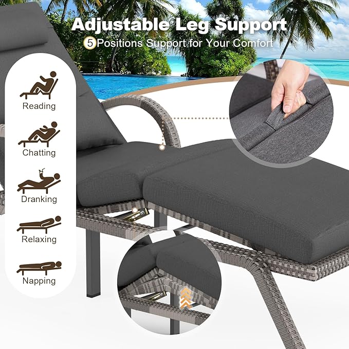 MEISSALIVVE Outdoor Lounge Chairs Set of 4, Patio Chaise Loungers with Adjustable 5 Position & Leg Support, PE Rattan Chaise Lounge, Wicker Pool Recliners Chair for Backyard, Porch, Deck, （Grey