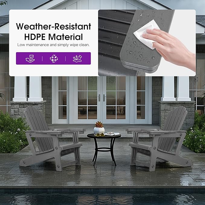 PURPLE LEAF Adirondack Chair with 24.6" Oversized Seat and Dual Cup Holders All Weather Wood-Like HDPE Outdoor Fire Pit Chair for Patio Garden Deck Backyard Porch, Gray