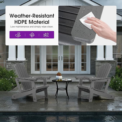 PURPLE LEAF Adirondack Chair Set of 4 HDPE All-Weather Outdoor Fire Pit Chair with 24.6" Oversized Seat Wood-Textured Patio Adirondack Chair with Dual Cup Holders for Garden Deck Backyard, Gray