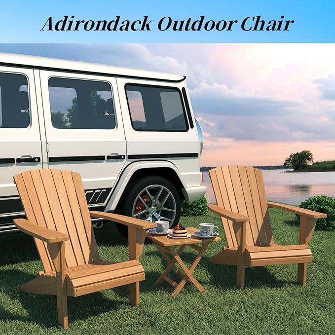 Solid Teak Wood Chair with Wide Armrest, Teak Adirondack Chair with Footrest, Durable and Weather Resistant, Wooden Lounge Chairs for Garden/Yard/Patio/Lawn（Teak Wood